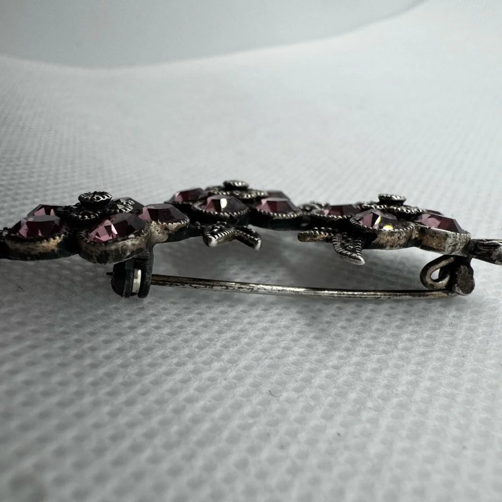 Vintage Pink Crystal Flower‎ Brooch Sterling Silver 925 Marcasite Pin 1950’s